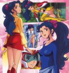  1970s_(style) 1girl aqua_hair black_eyes blue_leotard boots choudenji_machine_voltes_v dress helmet high_ponytail leotard long_hair long_sleeves looking_at_viewer miniskirt multiple_views official_art oka_megumi open_mouth panels panties pantyshot parted_lips red_skirt retro_artstyle skirt smile solo thigh_boots thighhighs underwear white_panties yellow_footwear 