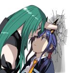  2girls arknights armband black_eyes black_jacket black_shirt blue_hair ch&#039;en_(arknights) chinese_commentary closed_mouth collared_shirt commentary cracked_wall dragon_horns dress_shirt expressionless eyebrows_visible_through_hair face-to-face from_side green_hair hair_between_eyes height_difference highres horns hoshiguma_(arknights) jacket long_hair looking_at_another medium_hair multiple_girls necktie oni_horns open_clothes open_jacket profile red_eyes shirt sidelocks simple_background single_horn sleeveless sleeveless_shirt straight_hair twintails upper_body wall_slam white_background white_shirt wing_collar yellow_neckwear yuri yuyanshu13 