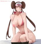  1girl bikini black_legwear blue_eyes breasts brown_hair clothes_pull double_bun kisou_(kisou00) large_breasts long_hair nipples no_panties one_breast_out pantyhose pantyhose_pull pokemon pokemon_(game) pokemon_bw2 rosa_(pokemon) simple_background sitting solo swimsuit twintails visor_cap 