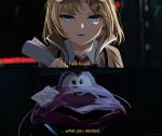  1girl blonde_hair blue_eyes brown_jacket commentary english_commentary english_text gardavwar gear_hair_ornament hat highres hololive hololive_english jacket paper parody solo star_wars star_wars:_the_force_awakens subtitled virtual_youtuber watson_amelia 