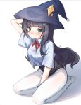  1girl absurdres black_hair blush chinese_commentary collared_shirt commentary_request green_eyes guzangnanfeng hat highres long_hair looking_at_viewer neck_ribbon no_shoes original red_ribbon ribbon school_uniform shirt solo thighs white_background white_legwear white_shirt witch_hat 