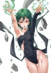 1girl absurdres armpits arms_up aura black_dress breasts bruise bruise_on_face collarbone covered_navel cowboy_shot curly_hair dress green_eyes green_hair highres injury looking_at_viewer magic medium_hair mute_(mute89539160) one-punch_man open_mouth rubble scratches small_breasts solo sweat tatsumaki teeth telekinesis thigh_gap thighs torn_clothes torn_dress v-shaped_eyebrows 