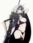  10mo 1girl bangs bikini black_bikini black_gloves black_legwear breasts cape cowboy_shot fate/grand_order fate_(series) fur-trimmed_cape fur_collar fur_trim gloves headpiece highres jeanne_d&#039;arc_(alter)_(fate) jeanne_d&#039;arc_(alter_swimsuit_berserker)_(fate) jeanne_d&#039;arc_(fate)_(all) large_breasts navel o-ring o-ring_bikini short_hair silver_hair single_thighhigh swimsuit thighhighs tsurime yellow_eyes 