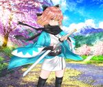  1girl absurdres black_ribbon black_scarf blonde_hair blue_sky blush cherry_blossoms cloud fate/grand_order fate_(series) fingernails haori highres huge_filesize japanese_clothes jootaku kimono kimono_skirt long_fingernails looking_at_viewer mountain multicolored_hair obi okita_souji okita_souji_(fate) okita_souji_(fate)_(all) pink_hair ribbon sash scarf sheath shinsengumi short_hair sky smile solo stairs thighhighs thighs unsheathing yellow_eyes 