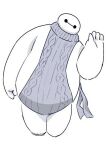  arm_at_side baymax big_hero_6 commentary full_body hand_up looking_at_viewer meme_attire monochrome no_pants ribbed_sweater simple_background sleeveless solo standing sweater tomo_(torauto_saamon) virgin_killer_sweater white_background 