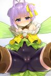  1girl antenna_hair bare_shoulders bike_shorts blush covered_navel eyebrows_visible_through_hair fairy fairy_wings fate/extra fate/extra_ccc fate/extra_ccc_fox_tail fate/grand_order fate_(series) frown hair_ribbon highres kazuradrop_(fate) purple_eyes purple_hair ribbon sasamashin short_hair simple_background sitting solo sweat sweatdrop thighhighs white_background wings zettai_ryouiki 