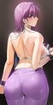  1girl ass back bare_shoulders black_background breasts closed_mouth damda dumbbell eyebrows_visible_through_hair fate/grand_order fate_(series) from_behind gradient gradient_background holding large_breasts long_hair looking_at_viewer looking_back pants purple_hair red_eyes scathach_(fate) scathach_(fate)_(all) sideboob solo sweat yoga_pants 
