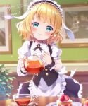  1girl bangs blonde_hair blue_eyes blunt_bangs blush cake center_frills commentary_request cup eyebrows_visible_through_hair fleur_de_lapin_uniform food frilled_hairband frills fruit gochuumon_wa_usagi_desu_ka? hairband hand_on_own_chest happy_birthday head_tilt highres holding holding_teapot indoors kirima_sharo looking_at_viewer mozukun43 plate puffy_short_sleeves puffy_sleeves short_hair short_sleeves smile solo strawberry teacup teapot twitter_username waitress wrist_cuffs 