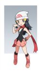  1girl beanie black_hair black_legwear boots border bracelet closed_mouth dawn_(pokemon) eyelashes full_body grey_background grey_eyes hair_ornament hairclip hand_on_hip hand_up hat highres jewelry kneehighs knees long_hair looking_at_viewer outside_border pink_footwear pokemon pokemon_(game) pokemon_dppt red_scarf scarf sleeveless smile solo standing tongue tongue_out white_border white_headwear yoshi_(moco1) 