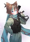  1girl animal_ear_fluff animal_ears blue_eyes blue_hair brown_hair cat_ears chitetan closed_mouth commentary_request green_jacket green_pants gun hand_on_hip holding holding_gun holding_weapon jacket long_sleeves looking_at_viewer multicolored_hair original over_shoulder pants puffy_long_sleeves puffy_sleeves sleeves_past_wrists smile solo streaked_hair twitter_username weapon weapon_over_shoulder weapon_request 
