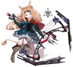  1girl animal_ears archetto_(arknights) arknights arrow_(projectile) blue_eyes boots bow_(weapon) brown_footwear compound_bow dress green_dress heterochromia highres holding holding_bow_(weapon) holding_weapon looking_at_viewer open_mouth quiver red_eyes ryu_(17569823) simple_background solo tail thigh_strap tiara weapon white_background 