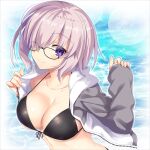  1girl bikini bikini_top bikini_under_clothes black-framed_eyewear black_bikini black_ribbon blush breasts cleavage closed_mouth collarbone eyebrows_visible_through_hair fate/grand_order fate_(series) front-tie_bikini front-tie_top glasses hair_over_one_eye highres jacket large_breasts long_sleeves looking_at_viewer mash_kyrielight open_clothes open_jacket puppet ribbon short_hair sleeves_past_wrists smile solo sparkle swimsuit track_jacket upper_body water white_jacket yoshida_takuma 