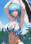  1girl armpits arms_up beach blue_hair breasts cleavage day echt eula_(genshin_impact) genshin_impact hairband highres large_breasts looking_at_viewer navel standing stomach tree underboob wet 