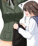  2girls blush brave_witches breasts brown_hair closed_eyes dress eyebrows_visible_through_hair gundula_rall highres large_breasts military military_uniform miyafuji_yoshika multiple_girls open_mouth sailor_dress shikokuken_(mrykk24) short_hair simple_background smile strike_witches translation_request uniform white_background world_witches_series 