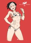  1girl :d animal_print bikini black_hair blush bracelet breasts cow_print green_eyes hand_on_hip highres jewelry kamezaemon looking_at_viewer navel open_mouth original red_background simple_background smile solo sweat swimsuit teeth white_hair 