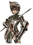  1girl armor breastplate brown_eyes brown_hair commentary_request eyebrows_visible_through_hair faulds frown full_armor gauntlets gleam helmet holding holding_sword holding_weapon keuma knight looking_at_viewer original plate_armor shiny shiny_clothes solo sword tsurime visor weapon white_background 