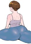  1girl ass back breasts denim elf-san_wa_yaserarenai. exercise facing_away ino_akiho jeans large_breasts pants short_hair simple_background sketch spread_legs stretched_limb synecdoche tank_top thick_thighs thighs white_background 