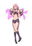  1boy absurdres armband black_legwear black_shorts bulge closed_mouth full_body hair_ornament hairclip hej highres kneehighs male_focus midriff navel original otoko_no_ko pink_hair purple_eyes short_shorts shorts simple_background sleeveless socks solo white_background 