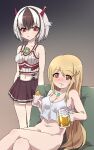  2girls alcohol bangs beer blonde_hair breasts chest_jewel crossette_(xenoblade) highres horns large_breasts long_hair miniskirt multicolored_hair multiple_girls mythra_(xenoblade) nke_toumi no_panties pointy_ears red_eyes skirt swept_bangs very_long_hair xenoblade_chronicles_(series) xenoblade_chronicles_2 yellow_eyes 