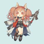  1girl :o angelina_(arknights) animal_ears arknights black_footwear black_gloves black_legwear black_shirt black_shorts blue_background brown_hair chibi coat commentary_request earpiece eyebrows_visible_through_hair fox_ears fox_tail full_body gloves hairband holding holding_staff infection_monitor_(arknights) jacket long_hair long_sleeves looking_at_viewer open_clothes open_coat open_mouth red_eyes red_hairband red_jacket shirt shoes shorts simple_background sleeves_past_wrists sneakers socks solo spawn_(user_scjg5872) staff striped striped_hairband tail twintails white_coat 