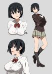  1girl :d ;) absurdres black_hair black_legwear bow bowtie breasts grey_background highres kamezaemon kneehighs loafers looking_at_viewer one_eye_closed open_mouth original pleated_skirt school_uniform shoes short_hair simple_background skirt smile 
