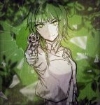  1girl aiming_at_viewer bare_arms bare_shoulders braid bullet_hole closed_mouth detached_collar evillious_nendaiki fourth_wall frown glowing glowing_eyes green_background green_eyes green_hair gumi gun highres leaf limited_palette looking_at_viewer midriff nemesis_no_juukou_(vocaloid) nemesis_sudou pointing pointing_at_viewer pointing_weapon revolver shards shattering short_hair_with_long_locks side_braid sidelocks silhouette sketch sleeveless sleeveless_jacket solo v-shaped_eyebrows vocaloid warabi_(danngo-mitarasi) weapon 