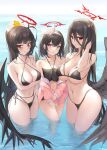  3girls arm_under_breasts beach bikini black_bikini black_hair blue_archive bow breasts clothes_around_waist flower hair_bow hair_flower hair_ornament halo hand_in_hair hand_on_another&#039;s_shoulder hasumi_(blue_archive) highres jacket jacket_around_waist large_breasts long_hair looking_at_viewer mashiro_(blue_archive) multiple_girls navel pdxen pink_jacket purple_eyes red_eyes short_hair small_breasts swimsuit tsurugi_(blue_archive) very_long_hair wading water wings 