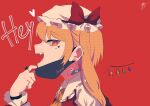  1girl :d ascot bandaid bandaid_on_neck bangs bow detached_wings ear ear_piercing earrings eyebrows_visible_through_hair facial_mark fangs flandre_scarlet frilled_shirt_collar frills from_side halftone hat hat_bow heart highres jewelry looking_at_viewer majime_joe mask mask_pull mini_wings mob_cap mouth_mask one_side_up open_mouth piercing portrait profile red_background red_bow red_eyes red_vest reference_request sideways_glance simple_background smile solo teeth touhou vest white_headwear wings wrist_cuffs wristband yellow_neckwear 