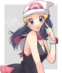  1girl beanie black_hair blush border closed_mouth commentary_request dawn_(pokemon) eyelashes grey_eyes hair_ornament hairclip hand_up hat index_finger_raised outside_border pink_scarf pokemon pokemon_(anime) pokemon_swsh_(anime) ririmon scarf sketch smile solo tongue tongue_out translation_request v-shaped_eyebrows white_border white_headwear 
