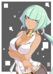  1girl azure_striker_gunvolt breasts character_request cigarette cleavage closed_mouth cougar_(cougar1404) dark-skinned_female dark_skin earrings green_eyes green_hair jewelry long_hair looking_at_viewer nail_polish solo 