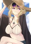  1girl arknights bikini bikini_top black_cardigan blonde_hair blue_shorts breasts cardigan cleavage collarbone commentary crossed_legs eyewear_on_head fang hand_on_headwear hat highres jewelry konota_ko large_breasts navel necklace official_alternate_costume one-hour_drawing_challenge open_cardigan open_clothes purple_eyes shorts sitting skin_fang solo straw_hat sunglasses swimsuit utage_(arknights) utage_(summer_flowers)_(arknights) white_bikini 