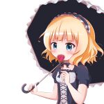  1girl bangs black_bow black_dress black_hairband black_umbrella blonde_hair blue_eyes blush bow breasts covered_mouth dress eyebrows_visible_through_hair flower frilled_hairband frilled_umbrella frills gochuumon_wa_usagi_desu_ka? goth_risuto gothic_lolita hairband hand_up holding holding_flower holding_umbrella kirima_sharo lolita_fashion puffy_short_sleeves puffy_sleeves red_flower red_rose rose short_sleeves simple_background small_breasts solo umbrella upper_body white_background 