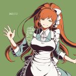  1girl apron bangs breasts brown_eyes brown_hair collared_shirt commentary_request danganronpa_(series) danganronpa_3_(anime) dated eyebrows_visible_through_hair green_background green_eyes hand_up high_ponytail kiri_(2htkz) large_breasts long_hair looking_at_viewer maid maid_apron ponytail ribbon shirt simple_background smile solo teeth white_apron yukizome_chisa 