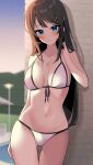  1girl absurdres asakura_nuruma ass_visible_through_thighs bikini black_hair blue_eyes blurry breasts cowboy_shot depth_of_field front-tie_top gradient_sky hair_ornament hairclip highres long_hair looking_at_viewer medium_breasts navel sakurajima_mai seishun_buta_yarou sky solo standing swimsuit white_bikini 