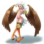  absurdres animal_feet animal_hands bird_legs bird_tail blush breasts brown_feathers brown_wings claws commentary english_commentary feather_hair feathered_wings feathers hair_slicked_back harpy highres long_hair monster_girl navel nipples nude orange_eyes original otocai small_breasts tail tail_feathers talons tan white_background white_hair winged_arms wings 