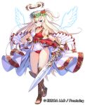  1girl armlet bettle_(b_s_a_n) blonde_hair blue_eyes bracer breasts cleavage dennou_tenshi_jibril flower full_body greaves halo head_wreath holding holding_sword holding_weapon long_hair official_art sandals solo standing sword weapon wings 