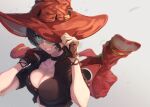  1girl black_hair fingerless_gloves gloves green_eyes grin guilty_gear guilty_gear_strive hat i-no jacket jacket_removed looking_at_viewer online_neet red_headwear red_jacket short_hair smile sunglasses witch_hat 