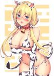  1girl animal_ears animal_print bell bikini blonde_hair blue_eyes breasts buckle choker commentary_request cow_ears cow_horns cow_print cow_tail cowbell elbow_gloves eyebrows_visible_through_hair fake_animal_ears fake_tail furrowed_brow gloves hair_ornament hairband hairclip hanpenmaru highres horns large_breasts long_hair low_twintails open_mouth original side-tie_bikini simple_background swimsuit tail thighhighs twintails underwear 