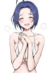  1girl ahoge ameyame bangs bare_shoulders bikini blue_hair blush breasts cleavage closed_eyes collarbone forehead highres idolmaster idolmaster_(classic) large_breasts miura_azusa open_mouth parted_bangs short_hair smile swimsuit wet white_bikini 