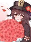  1girl absurdres birthday black_headwear blush brown_hair closed_eyes dated fang flower genshin_impact gift happy_birthday highres hu_tao_(genshin_impact) long_sleeves open_mouth plum_blossoms red_eyes red_flower simple_background smile solo symbol-shaped_pupils tears twintails white_background ynee5555 