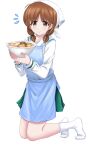  1girl absurdres alternate_hairstyle apron bandana bangs blouse blue_apron bowl brown_eyes brown_hair closed_mouth commentary eyebrows_visible_through_hair flying_sweatdrops food full_body girls_und_panzer green_skirt hair_tie highres holding holding_bowl kneeling long_sleeves looking_at_viewer low_twintails miniskirt neckerchief nishizumi_miho no_shoes noodles ooarai_school_uniform pleated_skirt ramen sailor_collar school_uniform serafuku short_hair simple_background skirt smile socks solo twintails white_background white_bandana white_blouse white_legwear white_sailor_collar zaofeng 