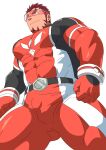  1boy akashi_(live_a_hero) ass_visible_through_thighs bara bodysuit bulge covered_abs covered_navel covered_nipples facial_hair feet_out_of_frame from_below goatee gradient_hair highres large_pectorals live_a_hero long_sideburns looking_to_the_side male_focus multicolored_hair muscular muscular_male pectorals red_bodysuit red_eyes red_hair ruizu_(takakisan503) short_hair sideburns skin_tight smile solo thick_eyebrows thick_thighs thighs 