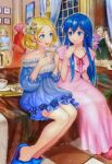  bare_legs bare_shoulders bedroom blonde_hair blue_eyes blue_hair braid caeda_(fire_emblem) cup dress elise_(fire_emblem) fire_emblem fire_emblem_cipher fire_emblem_warriors flower frills gossip hair_flower hair_ornament hairpin legs lianna_(fire_emblem) lissa_(fire_emblem) long_hair matsurika_youko night night_sky nightgown official_art pajamas pink_hair princess sakura_(fire_emblem) short_hair sky sleepover sleepwear slippers smile sunflower sunflower_hair_ornament tea teacup thighs third-party_source 