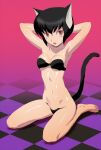  1girl animal_ears arms_behind_head barefoot black_hair bra breasts brown_eyes cat_ears cat_tail character_request feet looking_at_viewer nadeara_bukichi navel open_mouth short_hair solo tail underwear 