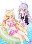  2girls animal_ear_fluff animal_ears bare_arms bare_shoulders bikini bikini_under_clothes black_bikini blonde_hair breasts commentary_request dog_ears dog_girl dog_tail flower grey_hair hair_ornament hair_scrunchie highres hood hood_down hooded_jacket innertube jacket jewelry long_hair long_sleeves low_twintails multiple_girls navel open_clothes open_jacket original pendant pink_bikini pink_scrunchie sansei_rain scrunchie short_shorts shorts small_breasts standing swimsuit tail twintails very_long_hair water white_flower white_jacket white_shorts 