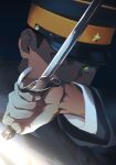  1boy bayonet black_background black_headwear black_jacket golden_kamuy hand_up hat holding holding_knife holding_weapon imperial_japanese_army jacket knife long_sleeves looking_at_viewer male_focus military_hat reverse_grip solo tr_(lauralauraluara) tsukishima_hajime upper_body weapon yellow_eyes 