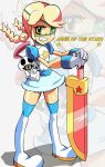  1girl absurdres alternate_costume annie_(skullgirls) blonde_hair dress eyepatch flat_chest highres puppet sind_ngmhn28 skullgirls smile star_(symbol) sword thighhighs twintails weapon 