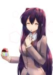  1girl ^_^ bangs closed_eyes commentary doki_doki_literature_club english_commentary food grey_jacket hair_between_eyes hair_ornament hairclip highres ice_cream jacket long_hair long_sleeves purple_hair school_uniform simple_background solo takuyarawr upper_body utensil_in_mouth very_long_hair white_background wing_collar yuri_(doki_doki_literature_club) 