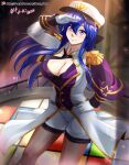  1girl absurdres artist_name belt_buckle blue_hair blush breasts buckle cleavage eyebrows_visible_through_hair feet_out_of_frame hand_on_hip hat highres long_hair looking_at_viewer original patreon_username peaked_cap purple_eyes salute spotlight vilde_loh_hocen watermark web_address 