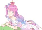  1girl bare_shoulders bracelet candy_hair_ornament closed_mouth crown dress food-themed_hair_ornament gradient_hair green_eyes hair_ornament hair_rings heterochromia himemori_luna hololive jewelry kanzaki_hiro long_hair looking_at_viewer multicolored_hair off-shoulder_dress off_shoulder one_side_up pink_dress pink_hair princess purple_eyes purple_hair short_dress smile solo spaghetti_strap virtual_youtuber wavy_hair 